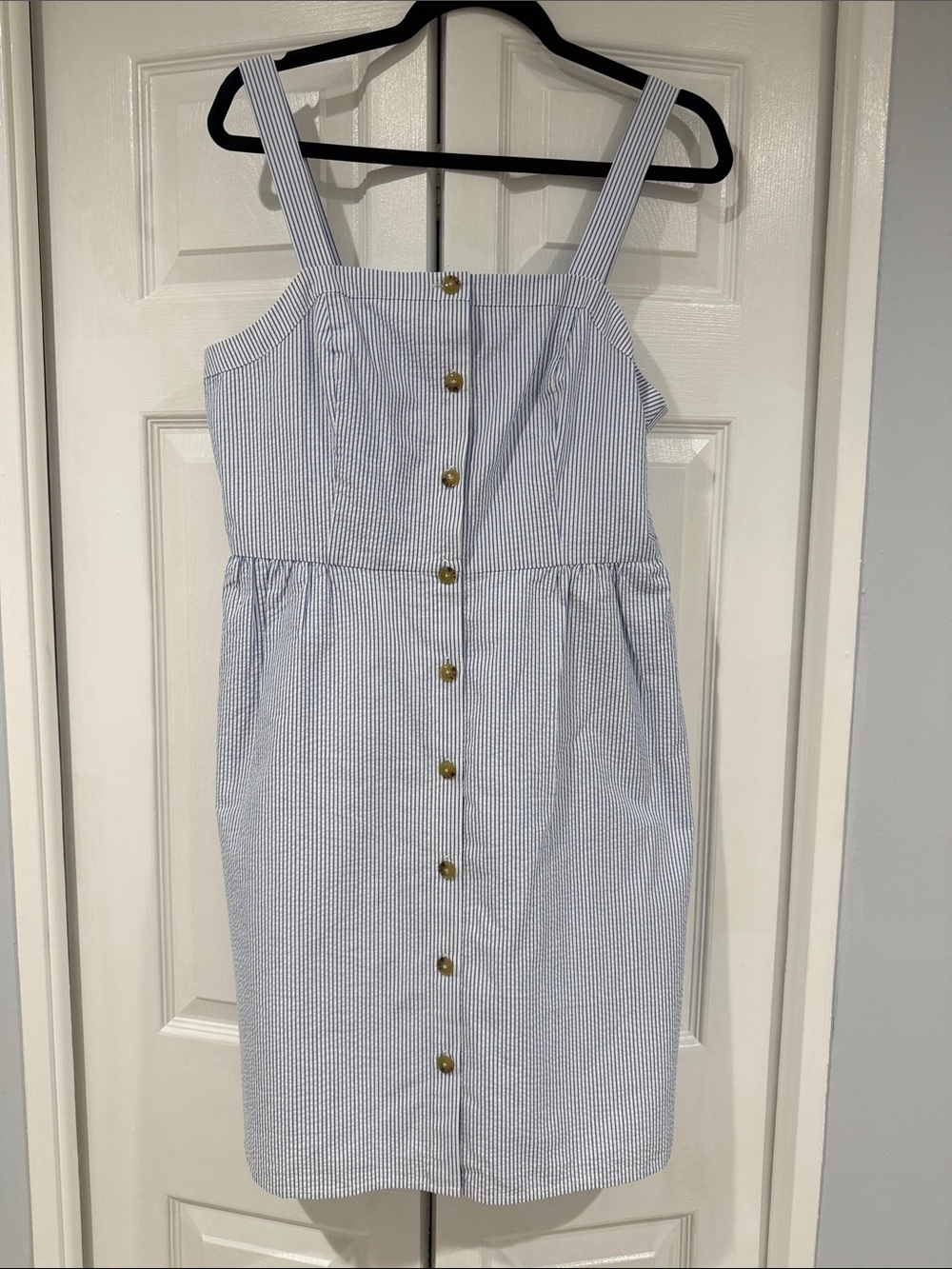 J. Crew Blue and White Seersucker Button-Front Midi Dress
